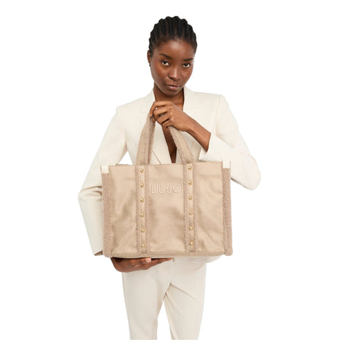 Borsa Donna in tessuto spalmato, modello shopper, con inserti effetto montone